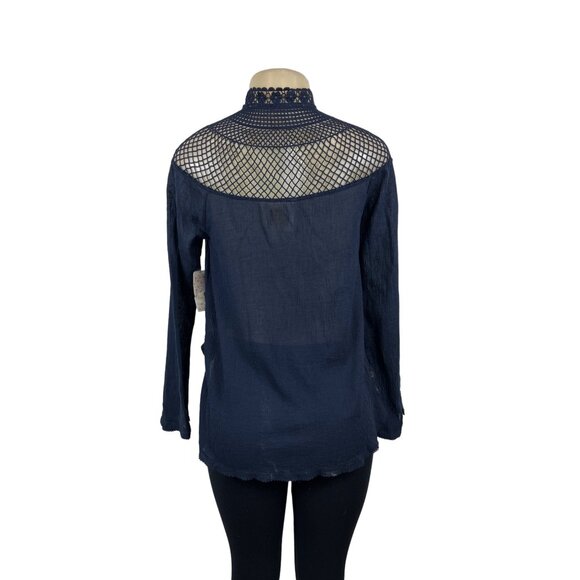 Free People Women's Indigo Blue Boho Tassel Crochet Gauzy Mesh Blouse Top Sz XS - Picture 3 of 9